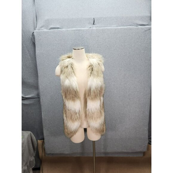 Skies Are Blue Faux Fur Vest Beige White Striped Sleeveless Lined Size S - Picture 2 of 6